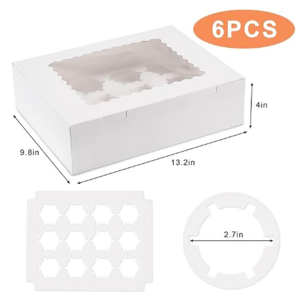 6PCS Cupcake Boxes- Holds 12 Cupcakes, Containers with Window- White - Picture 2 of 3